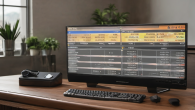 AI-generated image: A dark wooden desk with a large computer monitor, keyboard, mouse, and a wristwatch.