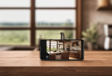 AI-generated image: A smartphone is placed on a wooden surface.