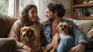 AI-generated image: A couple is sitting on a beige upholstered couch.