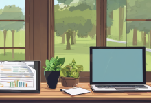 AI-generated image: A wooden desk with a laptop, a potted plant, a notepad, and a chart displayed on the laptop screen.