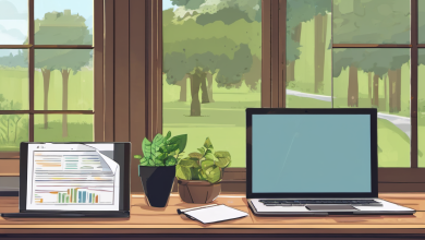 AI-generated image: A wooden desk with a laptop, a potted plant, a notepad, and a chart displayed on the laptop screen.