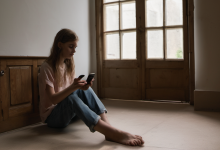 AI-generated image: A young woman is sitting on a wooden floor, barefoot.