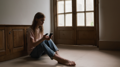 AI-generated image: A young woman is sitting on a wooden floor, barefoot.
