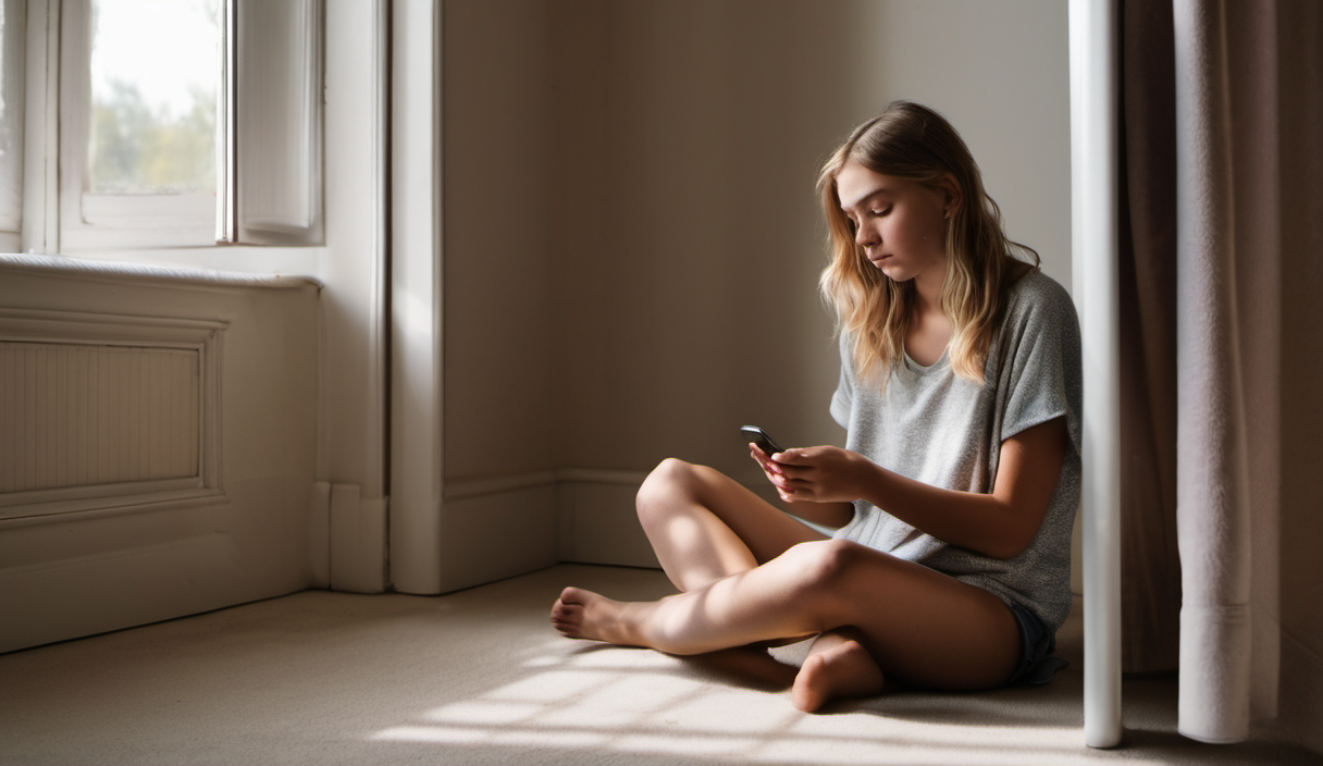 AI-generated image: A young woman is sitting on a carpeted floor next to a window.