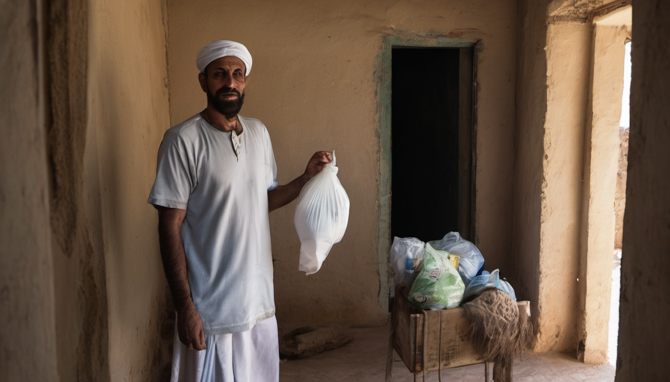 AI-generated image: A man is standing indoors, holding a white bag in his right hand.