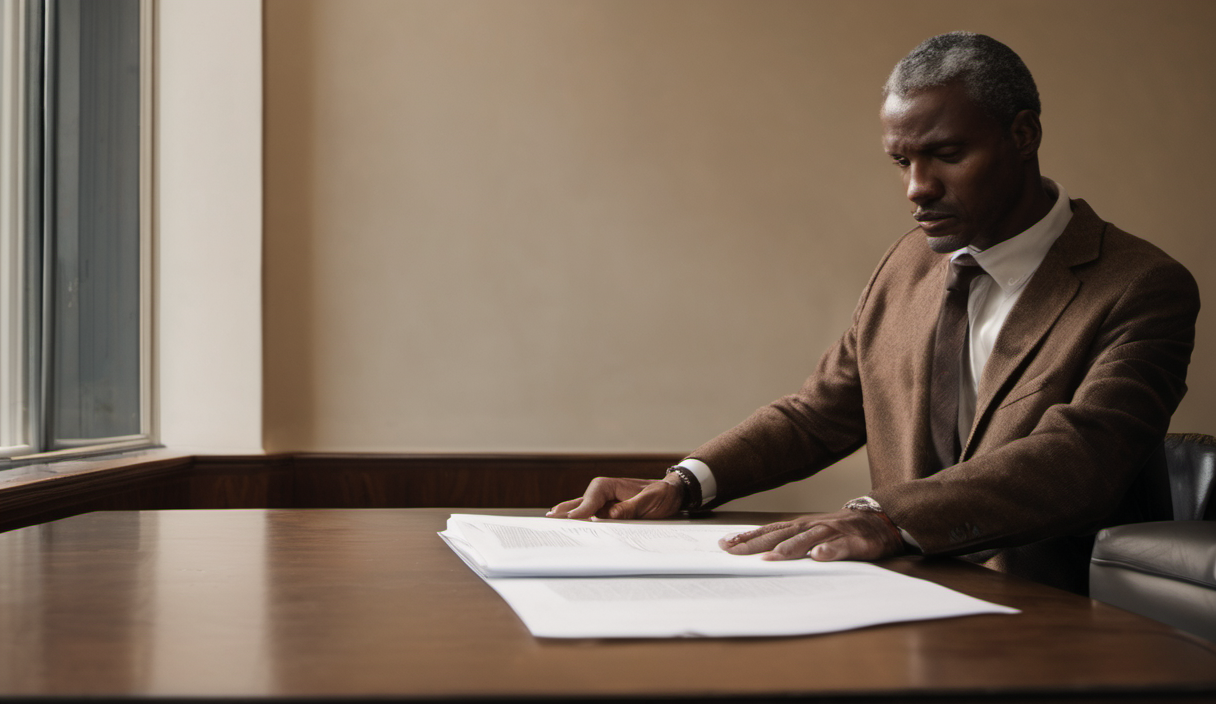 AI-generated image: A man wearing a brown suit and tie is sitting at a wooden desk.