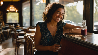 AI-generated image: A woman with curly dark hair is sitting on a bar counter in a dimly lit interior.
