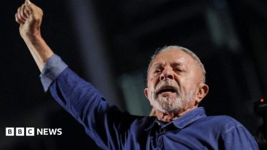 President Lula extends his right arm, his hand in a fist, as he reacts to his election. He is wearing a blue denim shirt,…