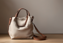 AI-generated image: A light beige tote bag with a rounded shape and a brown leather handle and strap is the main subject.