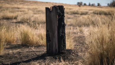 AI-generated image: A charred wooden post stands prominently in the foreground, heavily burned and broken.