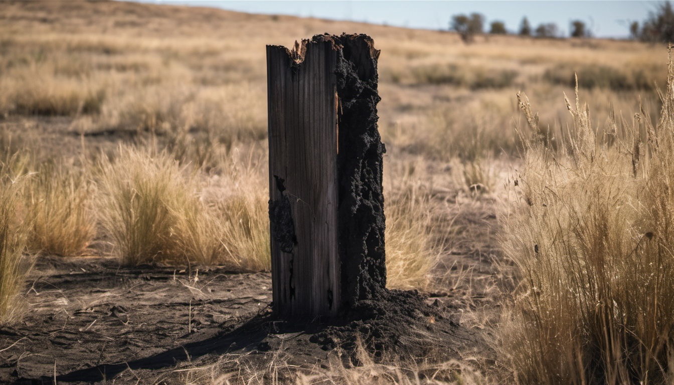 AI-generated image: A charred wooden post stands prominently in the foreground, heavily burned and broken.