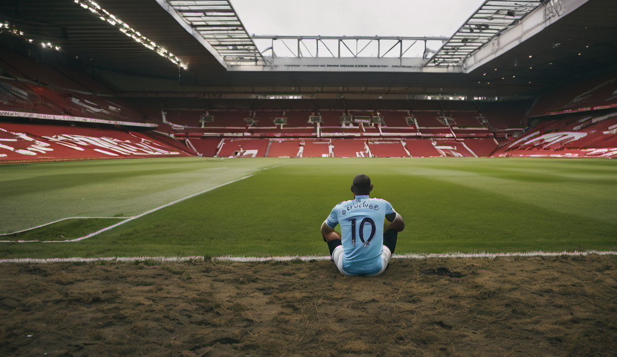 AI-generated image: A man wearing a blue shirt with the number 10 is sitting on a grassy field.