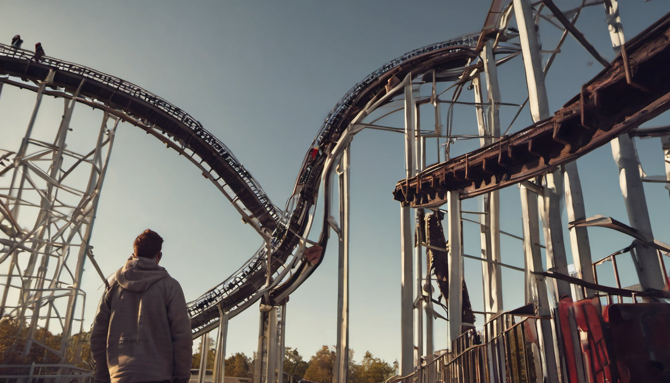 AI-generated image: A man wearing a gray hoodie stands with his back to the viewer, looking at a roller coaster.