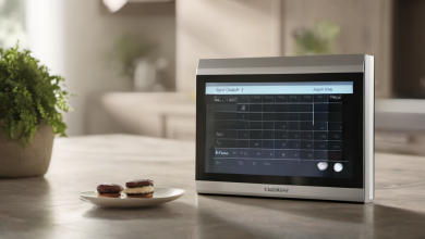 AI-generated image: A stainless steel appliance with a dark screen displaying a calendar and weather information is on a light-colored wooden table.