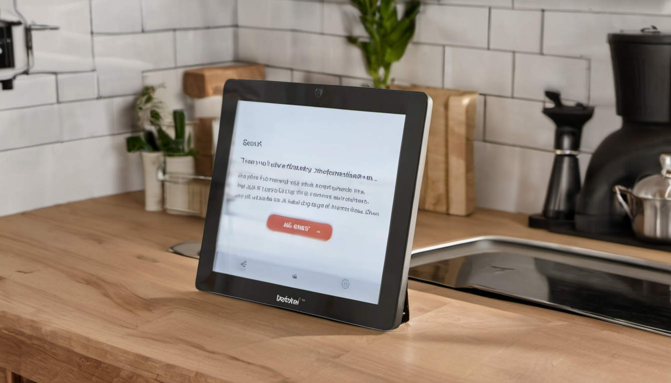 AI-generated image: A dark gray tablet displaying a white screen with text.