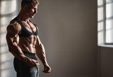 AI-generated image: A muscular man is standing in a room with a window.