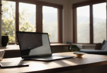 AI-generated image: The main foreground subject is a closed laptop resting on a wooden table.