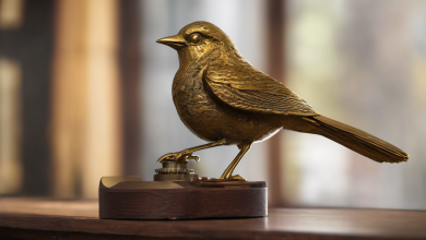 AI-generated image: A golden bird sculpture, likely a thrush, is the main subject.