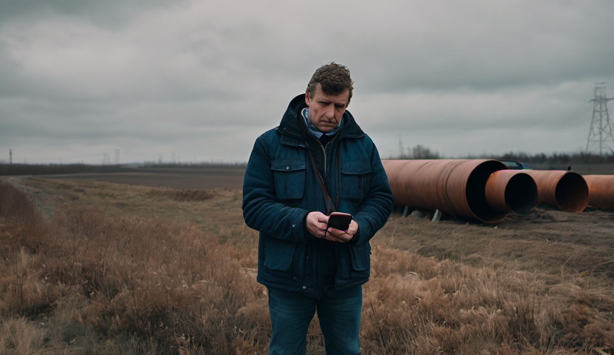 AI-generated image: A middle-aged man is standing outdoors in a field.