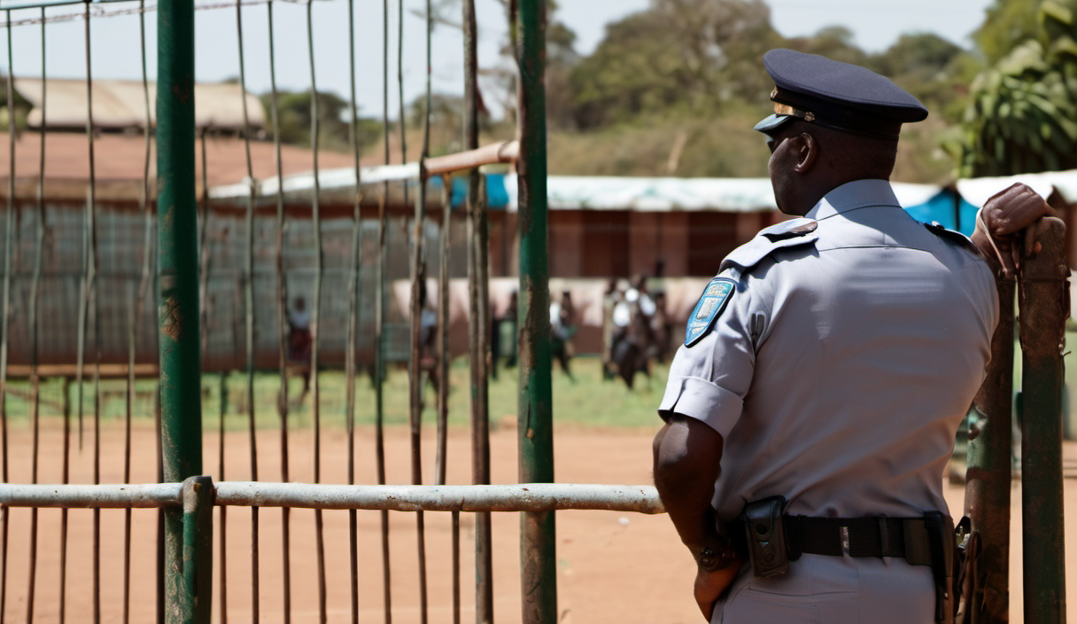 AI-generated image: The main foreground subject is a police officer wearing a gray uniform, a black cap, and a dark blue belt.