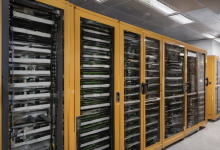 AI-generated image: A row of server cabinets with golden-yellow doors and black frames.