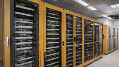 AI-generated image: A row of server cabinets with golden-yellow doors and black frames.