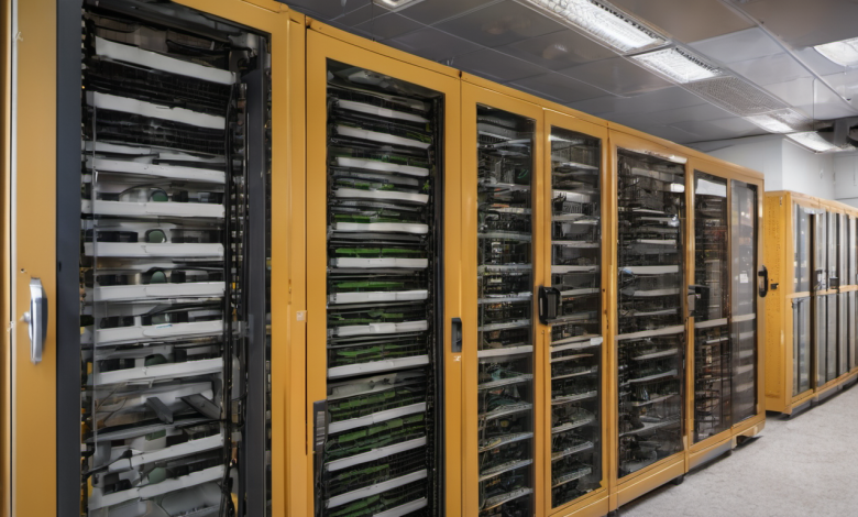AI-generated image: A row of server cabinets with golden-yellow doors and black frames.