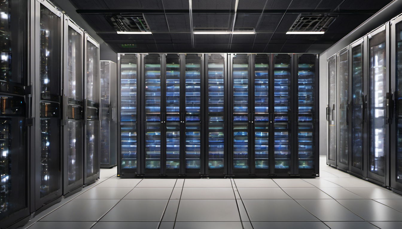 AI-generated image: A server room with multiple rows of black server racks.