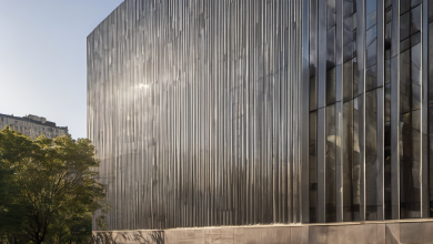 AI-generated image: A modern building with a facade composed of vertical, corrugated metal panels.