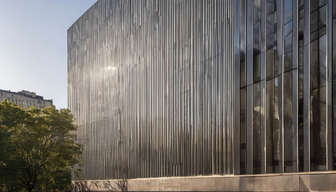 AI-generated image: A modern building with a facade composed of vertical, corrugated metal panels.