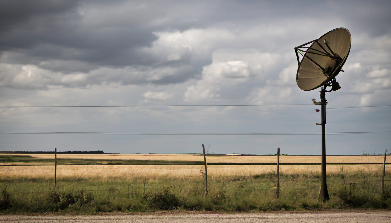 AI-generated image: A satellite dish is mounted on a pole in the foreground.