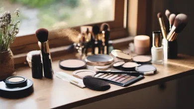 AI-generated image: A close-up photograph shows a wooden table with various makeup items and brushes arranged on it.