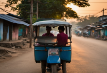 AI-generated image: The main foreground subject is a blue three-wheeled vehicle, likely a tuk-tuk or auto rickshaw, with a small canopy.