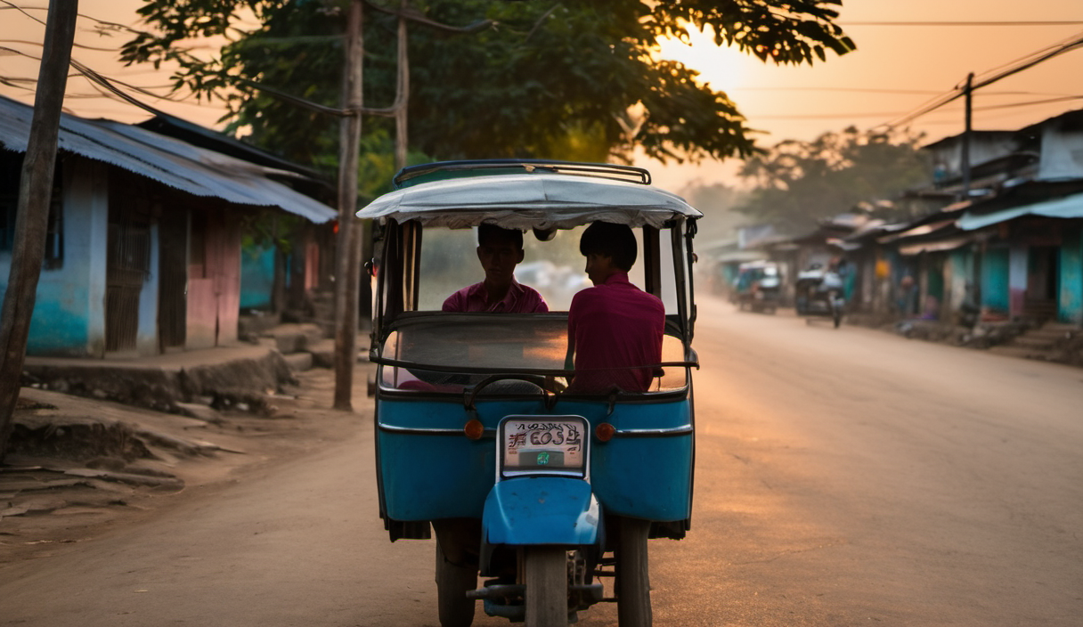 AI-generated image: The main foreground subject is a blue three-wheeled vehicle, likely a tuk-tuk or auto rickshaw, with a small canopy.