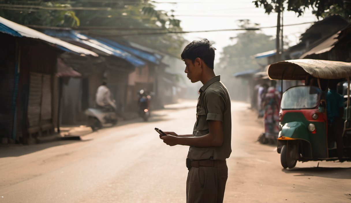 AI-generated image: A young man wearing a light-colored uniform is standing on a street, holding a smartphone in his hands.