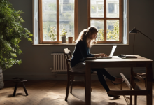 AI-generated image: A woman is sitting at a wooden desk and working on a laptop.