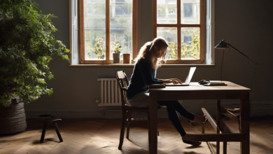 AI-generated image: A woman is sitting at a wooden desk and working on a laptop.