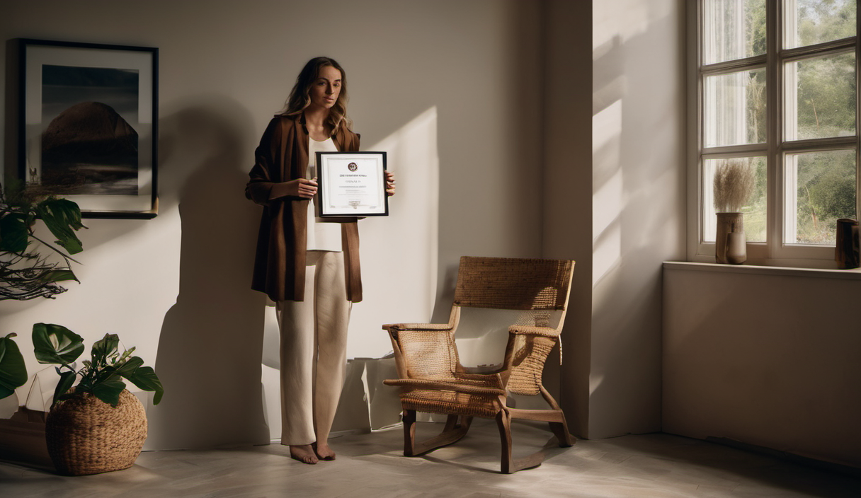 AI-generated image: A woman is standing in a room with a certificate in her hands.