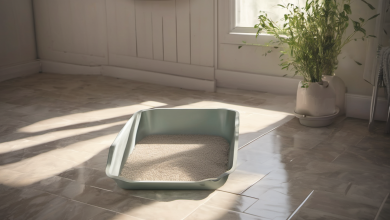 AI-generated image: A light green cat litter box is in the foreground.
