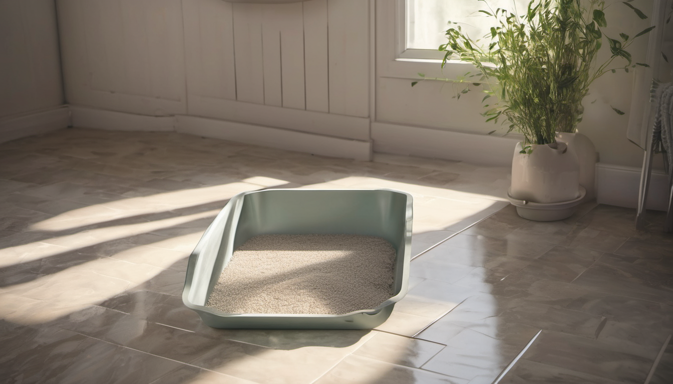 AI-generated image: A light green cat litter box is in the foreground.
