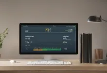 AI-generated image: A computer desk with a monitor, keyboard, mouse, and a potted plant.