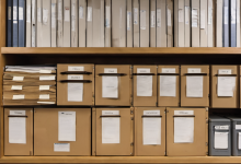 AI-generated image: A wooden shelving unit contains numerous files and folders.