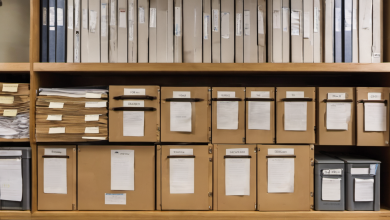 AI-generated image: A wooden shelving unit contains numerous files and folders.