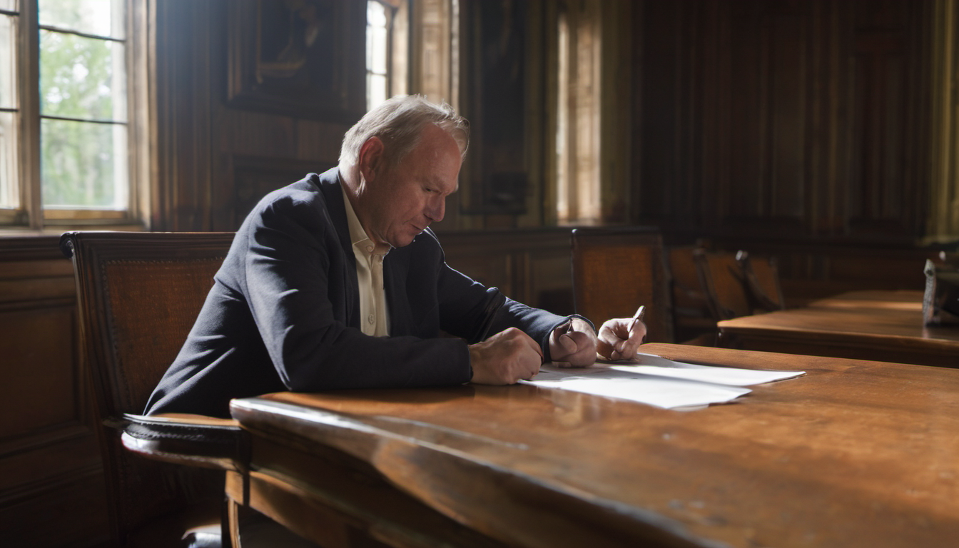 AI-generated image: A man with gray hair and wearing a dark suit is sitting at a dark wooden table.