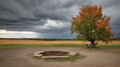 AI-generated image: The image shows a weathered, stone-edged circular pit in the foreground, surrounded by a gravel path.