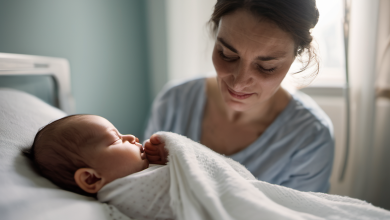 AI-generated image: A woman is holding a baby in her arms.