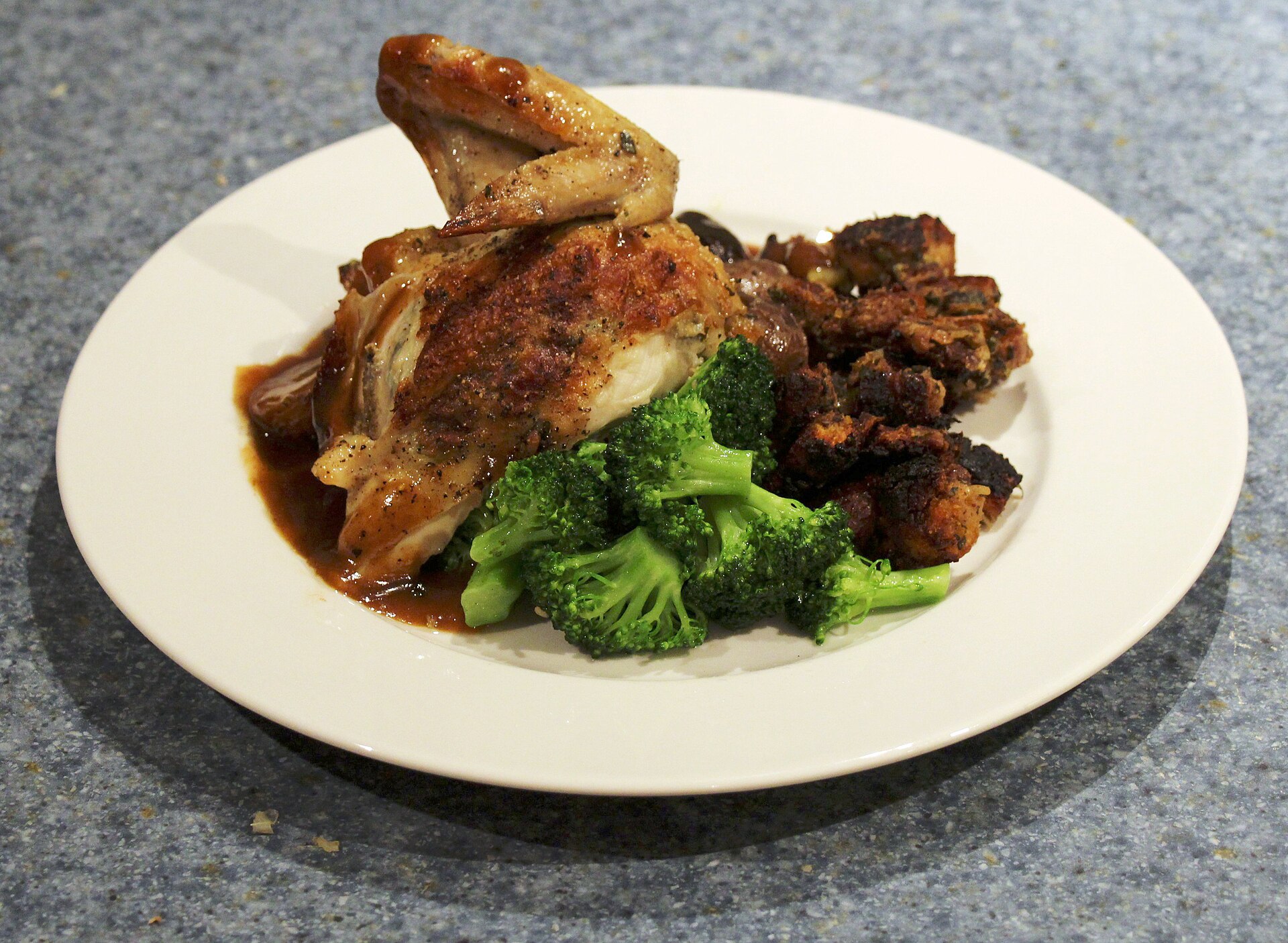 Roasted Chicken Dinner Plate, Broccoli, Stuffing, Potatoes, Demi Glace.jpg
