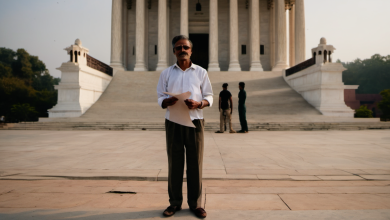 AI-generated image: The image shows a man standing in the foreground on a paved area.