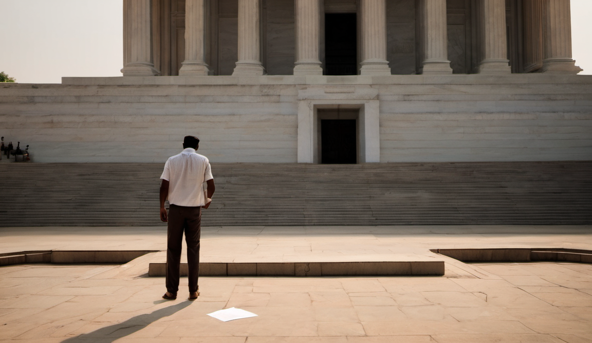 AI-generated image: A man is standing in the foreground, facing away from the camera.