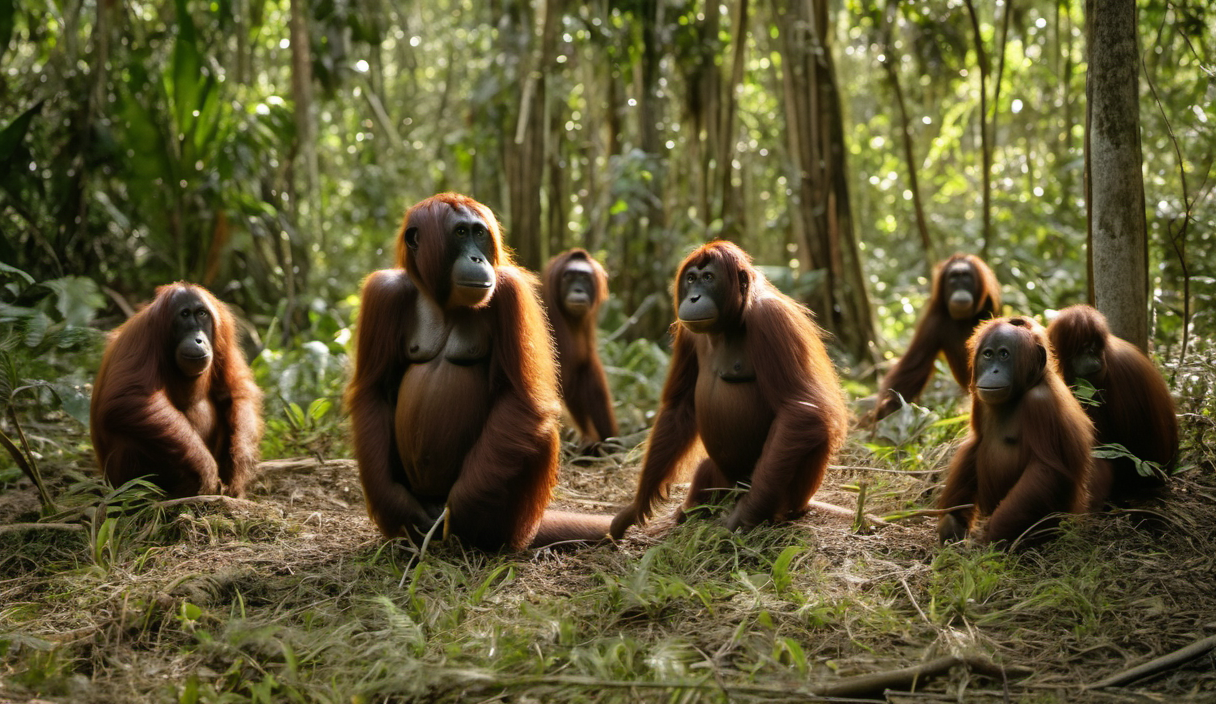 AI-generated image: The image shows a group of orangutans sitting on the ground in a dense forest.